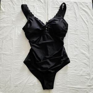 Kona Sol Black Grommet Scalloped Neckline One-Piece Swimsuit Women's Size S